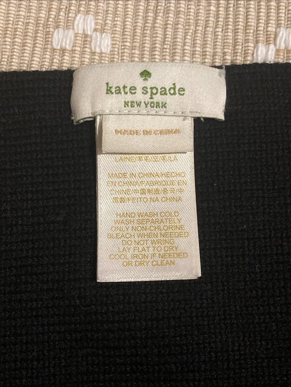 Kate Spade‎ New York 100% Wool Striped Bow Scarf Tan Black Designer Winter Wrap